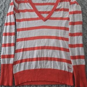 Aeropostale Striped V-Neck Sweater in Red and White